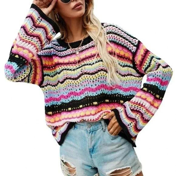 Sweaters - Bell Sleeve Multi Color Striped Crochet Pullover Sweater, Round Neck, Loose Fit